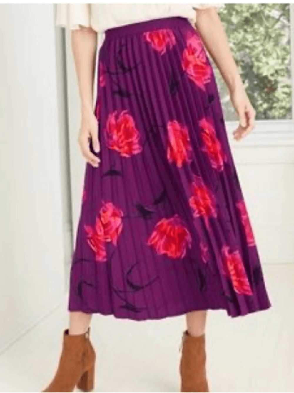 A New Day Purple Pink Orange Tropical Floral Pleated MIDI Skirt Sz M